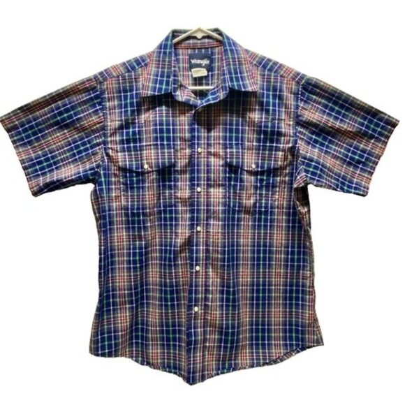 Wrangler Short Sleeve Button-Up Men's Large Blue Plaid Western Pearl Snap EUC - Picture 1 of 9